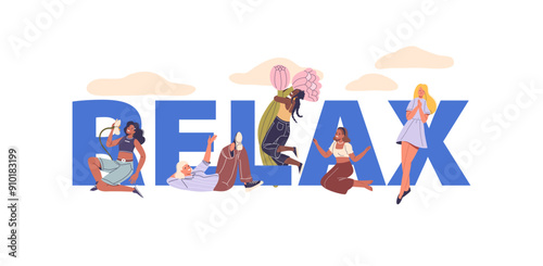 Relax Concept With Diverse Group Of People Relaxing Together. Each Character Engaging In Different Relaxing Activities