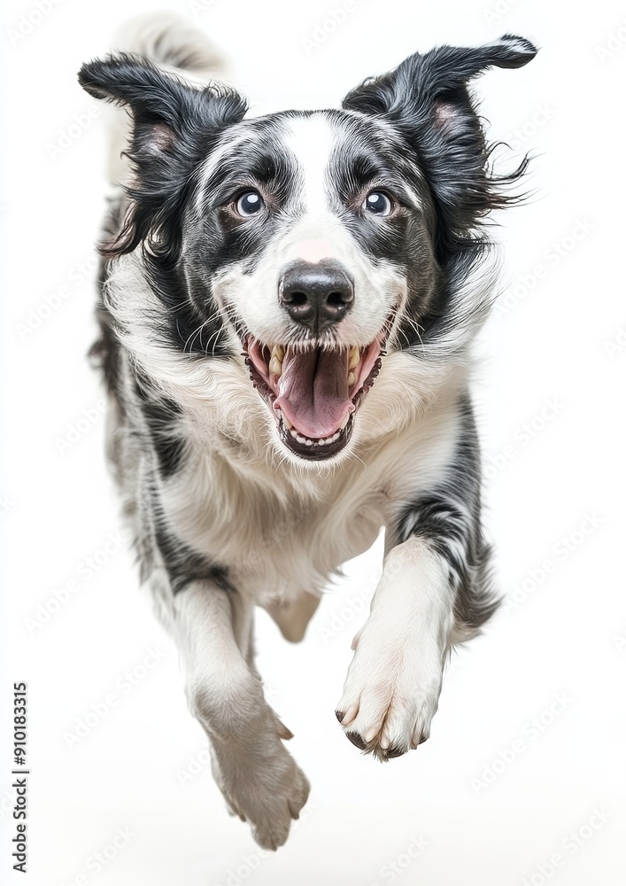 An energetic Border Collie dog with floppy ears is mid-run An energetic Border Collie dog with floppy ears is mid-run