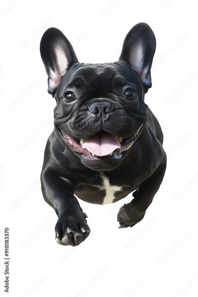 This is an energetic and adorable black french bulldog that's running with its tongue out, playing with its paws This is an energetic and adorable black french bulldog that's running with its tongue out, playing with its paws