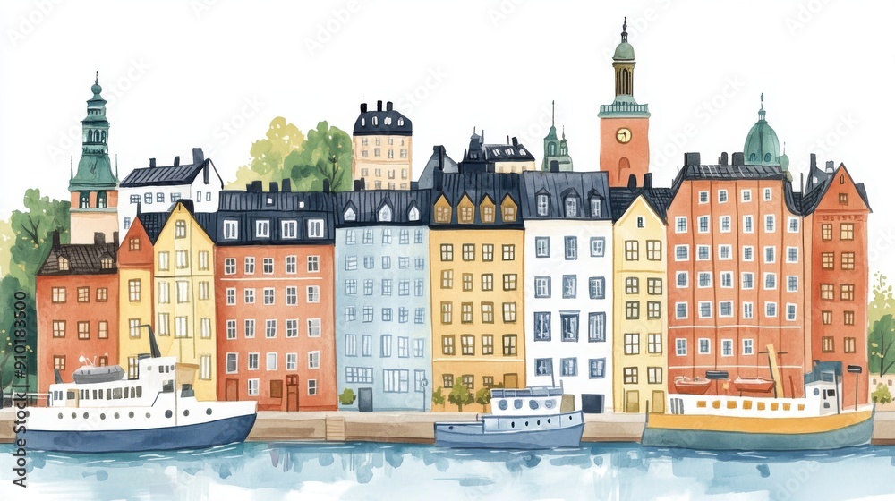 Charming waterfront illustration featuring colorful buildings lining a serene canal. Perfect for travel and architecture themes.