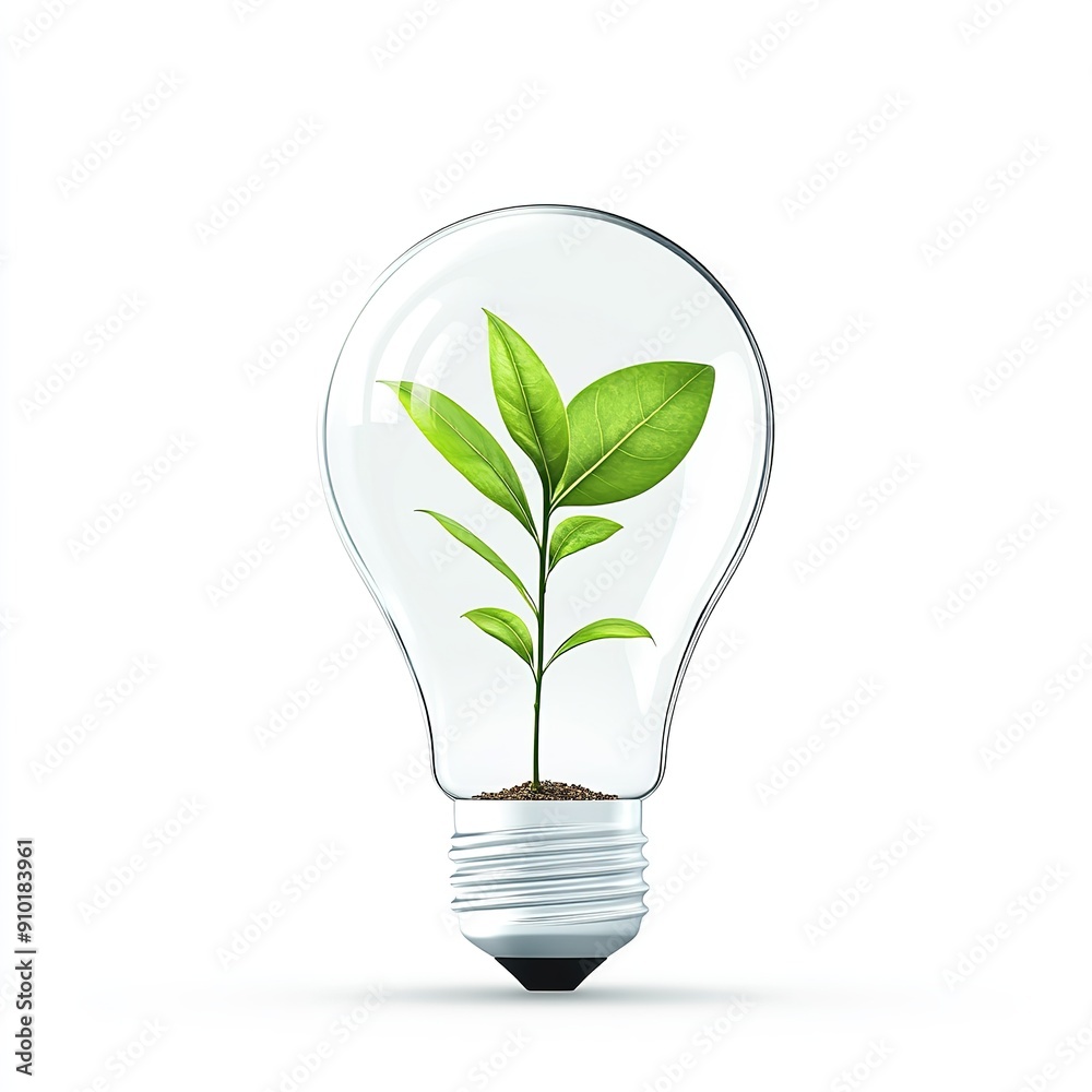 Innovative Green Concept, Light Bulb with Sprouting Plant, Symbolizing Growth and Creativity, Isolated on White Background, PNG Style Innovative Green Concept, Light Bulb with Sprouting Plant, Symbolizing Growth and Creativity, Isolated on White Background, PNG Style