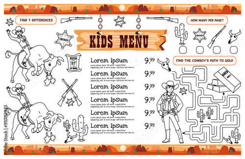 Wild West themed kids menu with fun activities for kids. Vector file for printing measuring 17x11 inches.