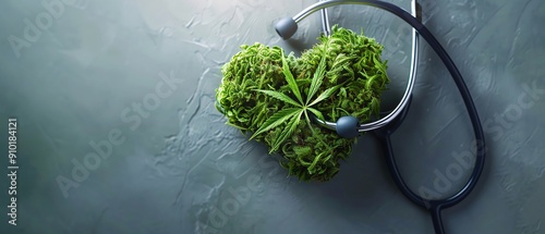 Stethoscope forming a heart shape with a cannabis leaf inside Cardiology and cannabis