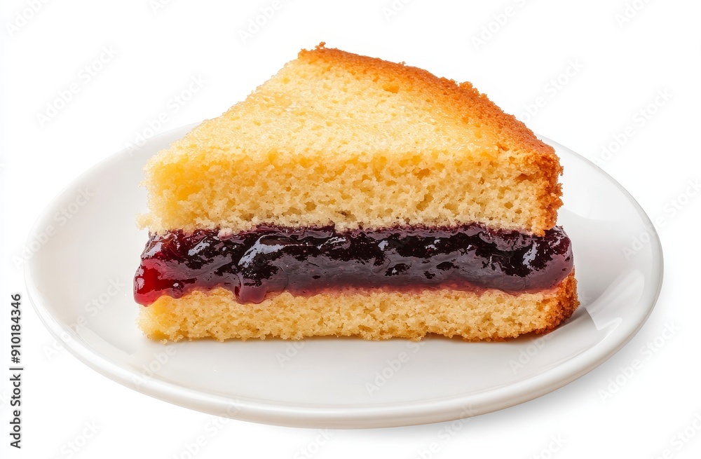The sweet dessert treat of layered sponge cake with strawberry jam filling on a white plate The sweet dessert treat of layered sponge cake with strawberry jam filling on a white plate