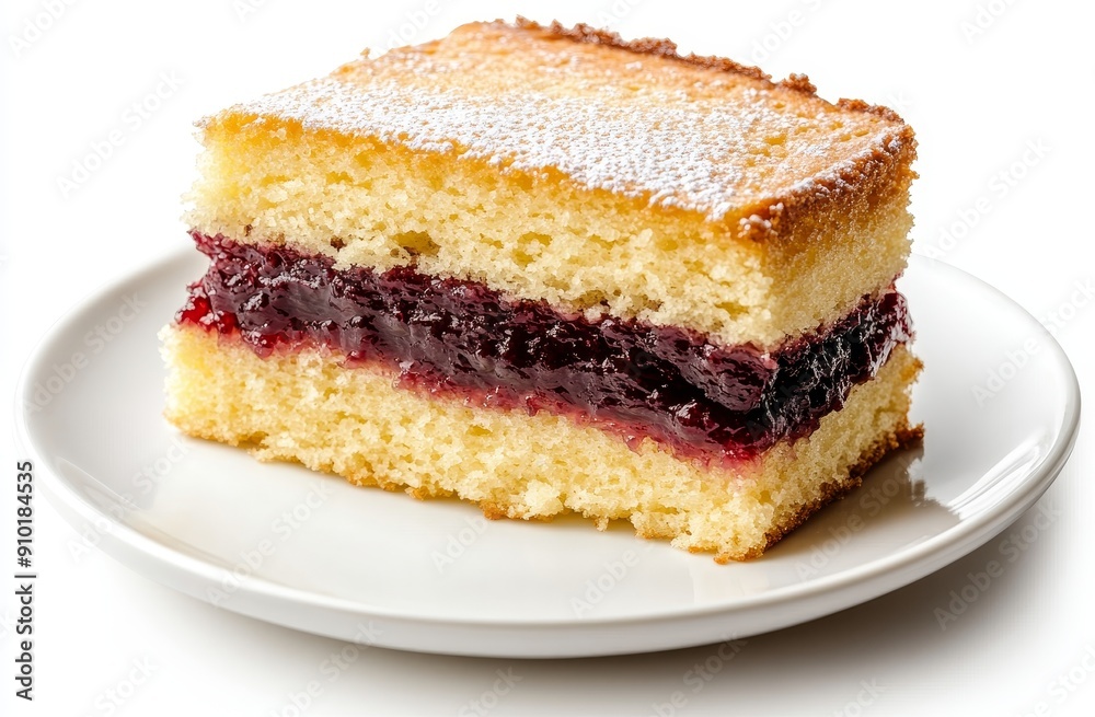 A sweet dessert of layered sponge cake with strawberry jam filling on a white plate A sweet dessert of layered sponge cake with strawberry jam filling on a white plate