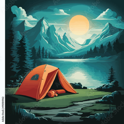 vector of camping tent on a mountain scenery