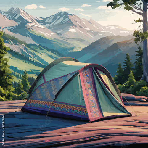 vector of camping tent on a mountain scenery