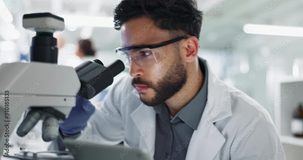 Man, microscope and tablet in lab with scientist, medical researcher and sample investigation or microorganisms. Online, documentation and bacteria cell observation, technology and virus specimen