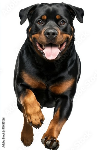 Rottweiler running with excitement on transparent backdrop, depicting a loyal and strong pet's energetic and playful side