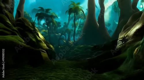 A mystical forest with ancient trees twisted into intricate shapes, glowing mushrooms illuminating the path, and mythical creatures roaming freely.
