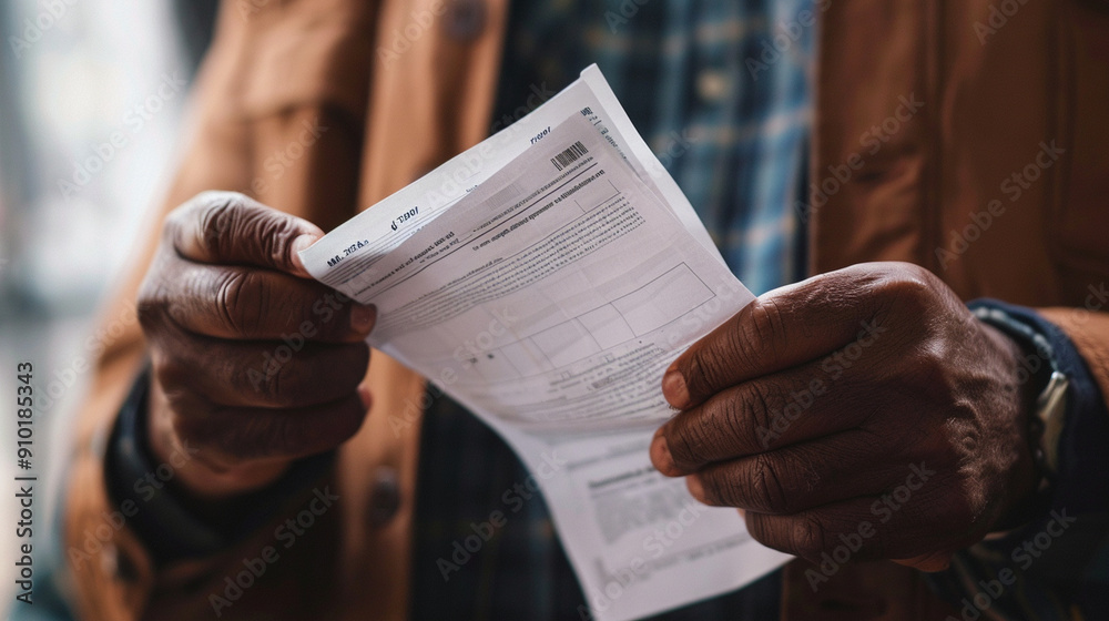 Naklejka premium Close-up of a personâs hand holding a ballot, capturing the detailed paper and hand textures