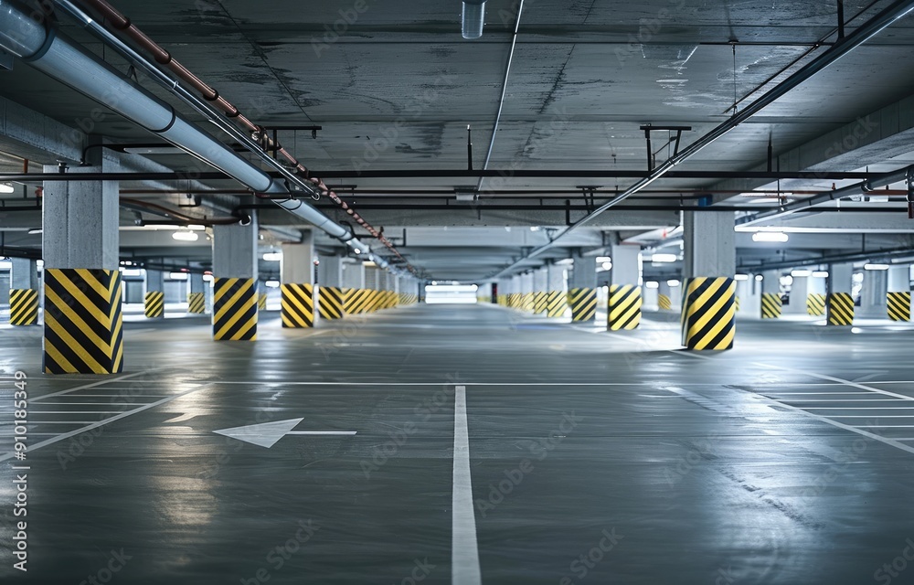 Fototapeta premium Empty Underground Parking Garage, Underground Parking Structure with Markings