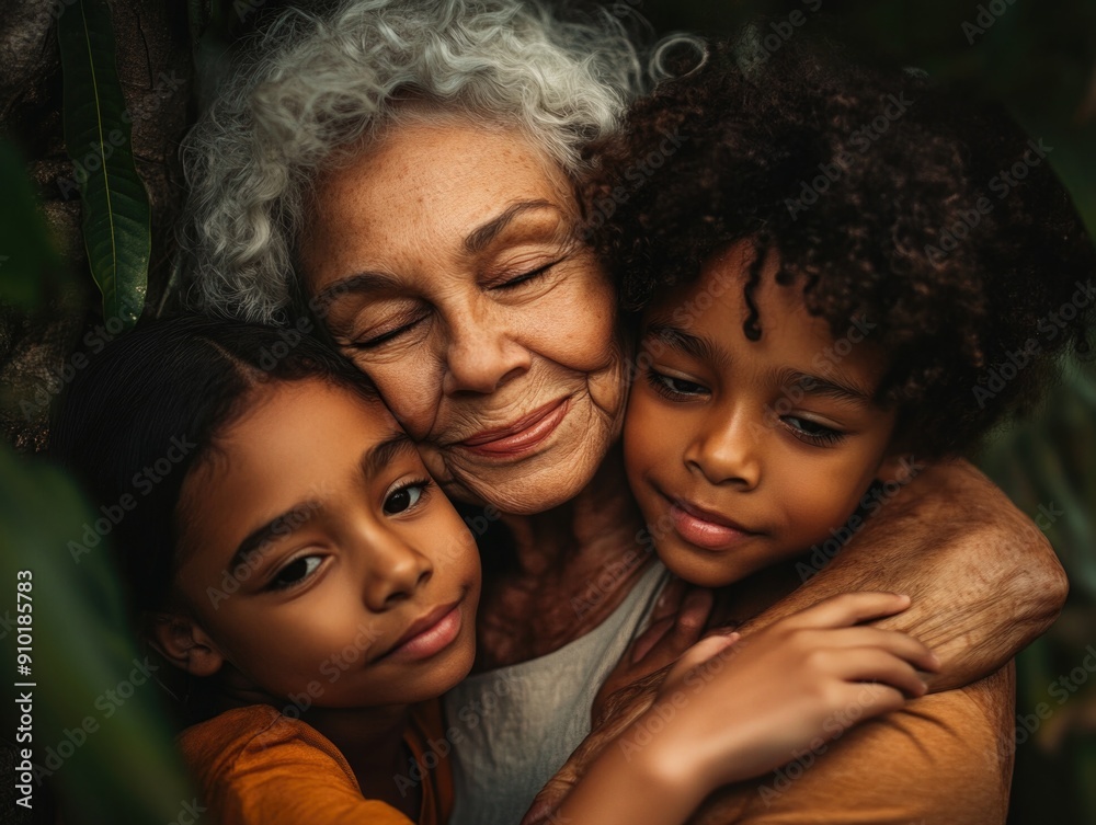 A loving moment between a grandmother and her grandchildren, suitable for family or social media use