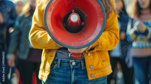 Close-up of a protester holding a megaphone, symbolizing activism and detailed textures