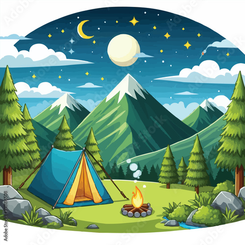 vector of camping tent on a mountain scenery