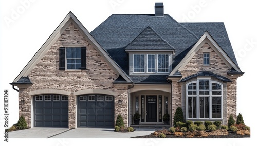 A modern white family house with a garage is viewed from the front isolated on a transparent background