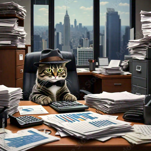 a cat accountant working in a skyscraper office, there's a huge stack of papers and the cat is in front of a computer, the office is a mess