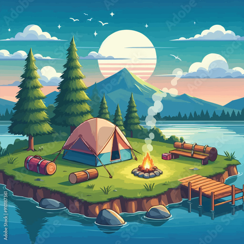 vector of camping tent on a mountain scenery