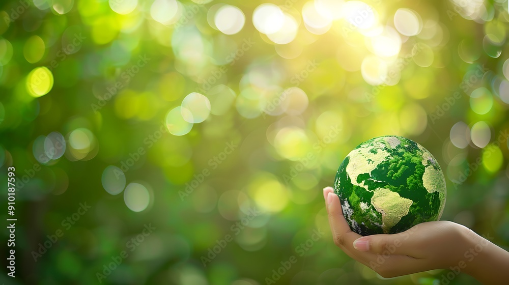 Green Earth Globe Held in Hand Against a Sunny, Green Blurred Background