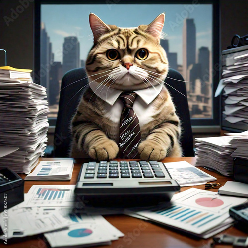 a cat accountant working in a skyscraper office, there's a huge stack of papers and the cat is in front of a computer, the office is a mess