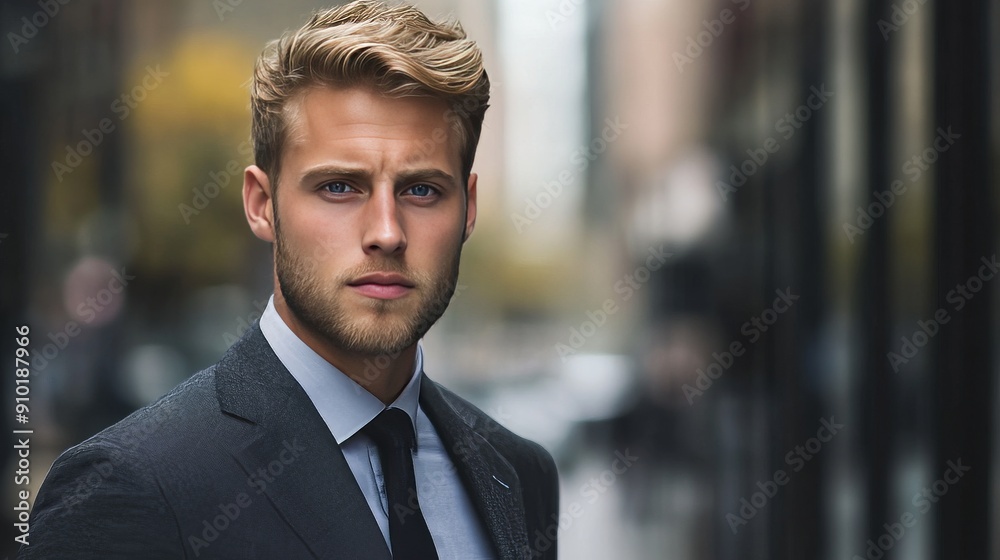 (Horizontal)Young man with blue eyes, sharp face, walking on the street, wearing a dark gray suit and tie, his elegant pose reflects his confidence. (Horizontal)Young man with blue eyes, sharp face, walking on the street, wearing a dark gray suit and tie, his elegant pose reflects his confidence.
