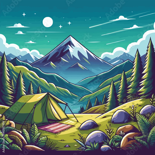 vector of camping tent on a mountain scenery