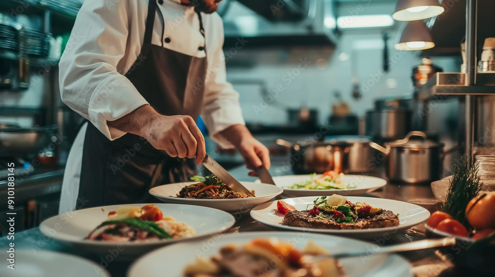 Chef preparing a gourmet meal in a bustling kitchen, lively and delicious Chef preparing a gourmet meal in a bustling kitchen, lively and delicious