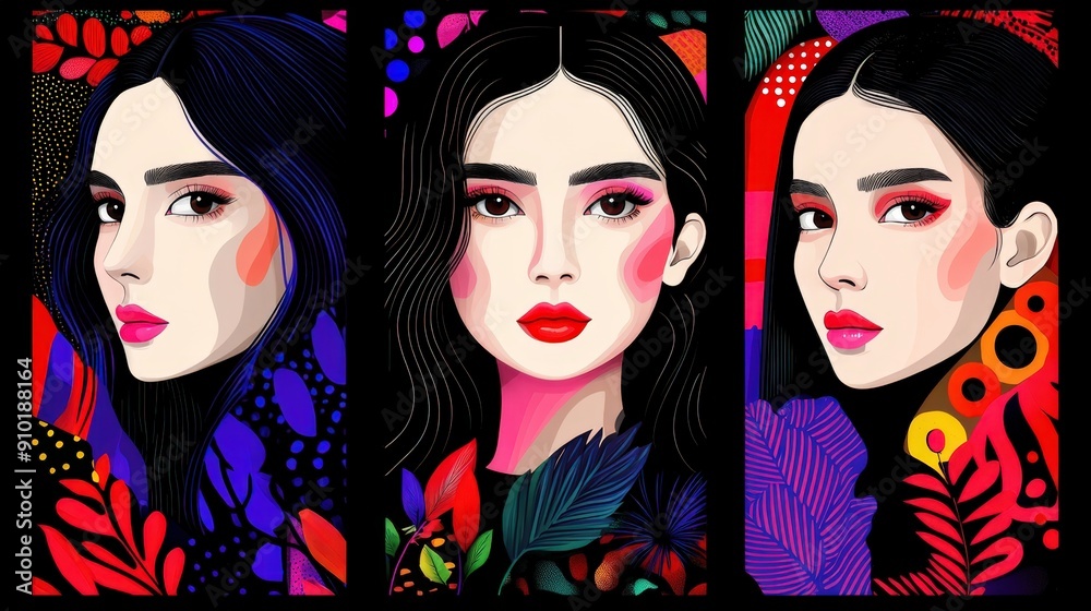 Obraz premium A vibrant representation of a woman with striking features, set against a backdrop of lush, colorful tropical foliage