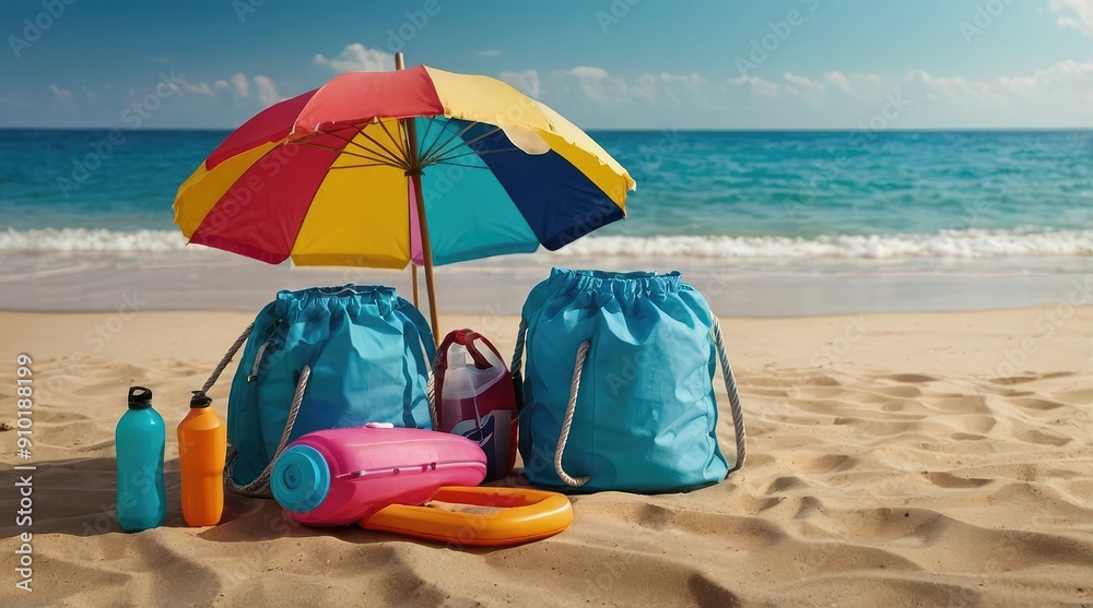 Beach Essentials Under a Colorful Umbrella Beach Essentials Under a Colorful Umbrella