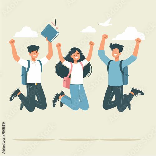 Happy people jumping celebrating victory. Flat cartoon characters illustration
