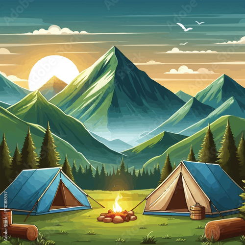 vector of camping tent on a mountain scenery