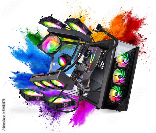 Black modern high end gaming computer with glass windows and bright colorful rainbow RGB LED lights grey background. flying parts and components pc in exploded view.