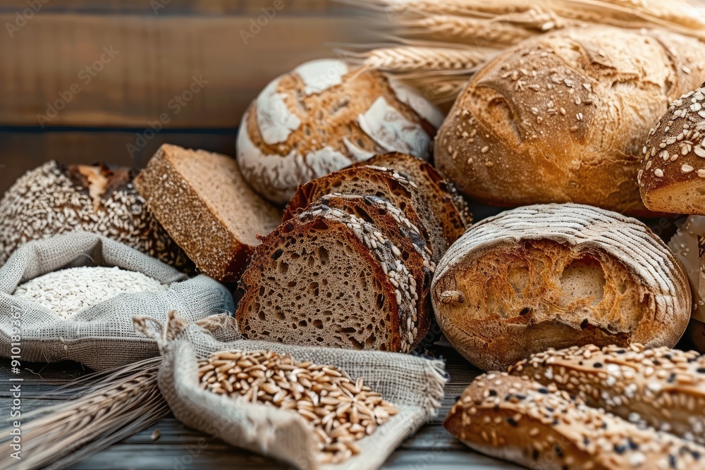 Variety of Artisan Breads, Fresh Bread Loaves and Slices Variety of Artisan Breads, Fresh Bread Loaves and Slices