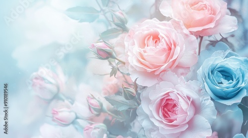 Vintage fantasy illustration with soft pink and blue roses, creating an ethereal spring background