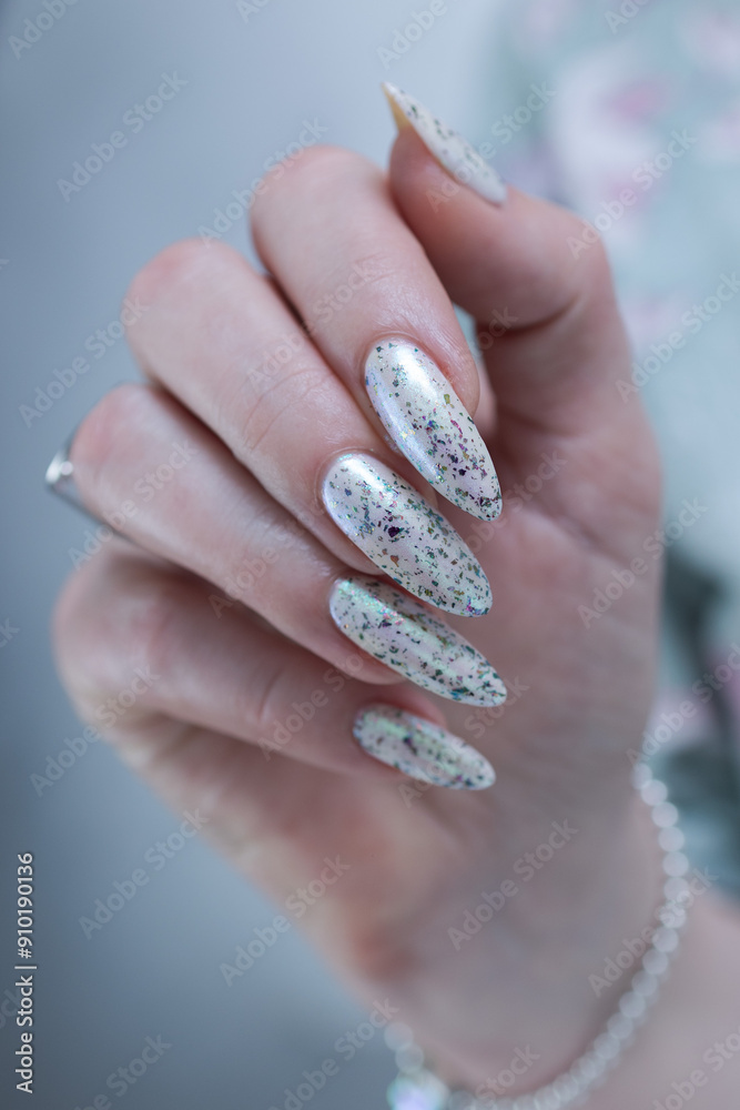 beautiful female hands with long nails light white and green manicure beautiful female hands with long nails light white and green manicure