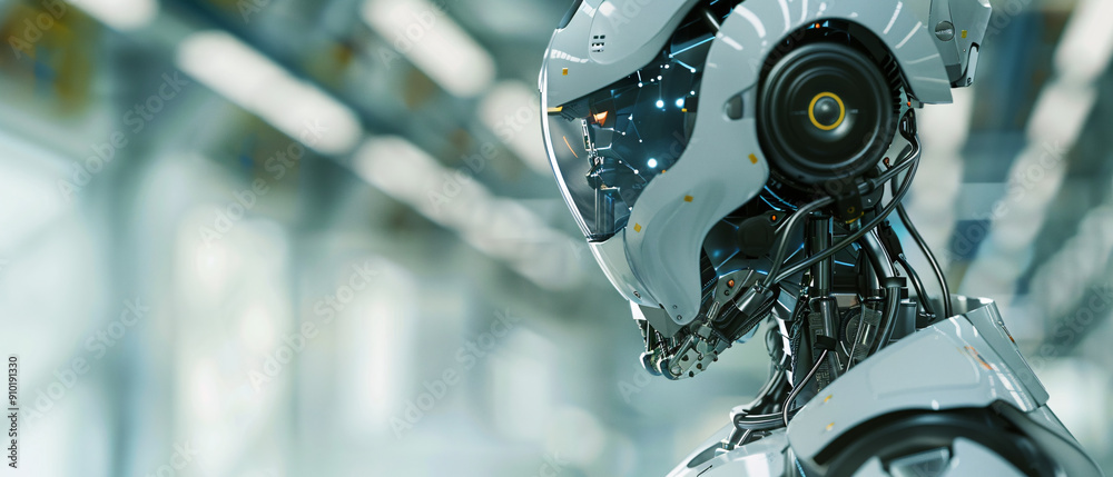 Fototapeta premium Futuristic Robot Head CloseUp, Advanced AI Technology Concept