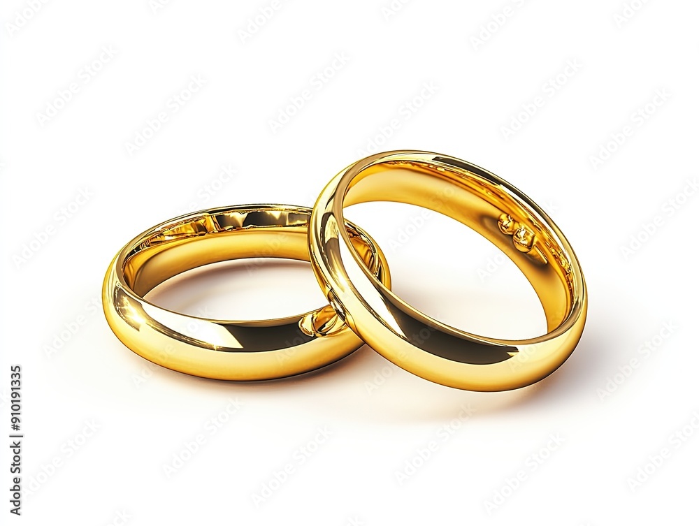 3d realistic gold wedding rings isolated on white background, detailed
