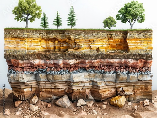 A detailed cutaway of a plant with rich soil and rock strata, highlighting the intricate layers and natural growth processes photo