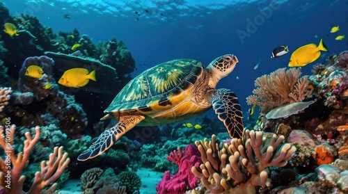 A Sea Turtle Swimming Through Coral Reef