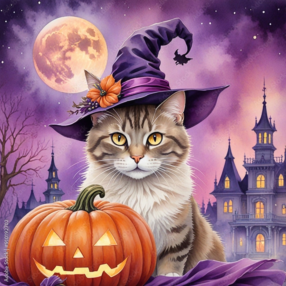 A cat in a witch's hat, next to pumpkins, halloween A cat in a witch's hat, next to pumpkins, halloween