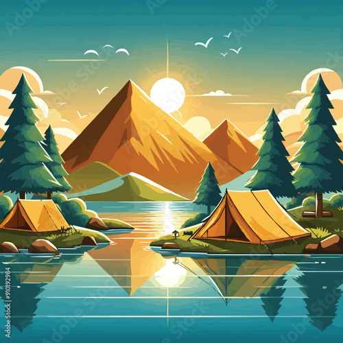 vector of camping tent on a mountain scenery