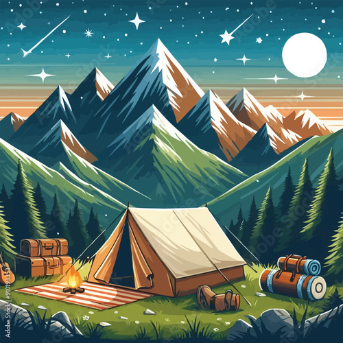 vector of camping tent on a mountain scenery