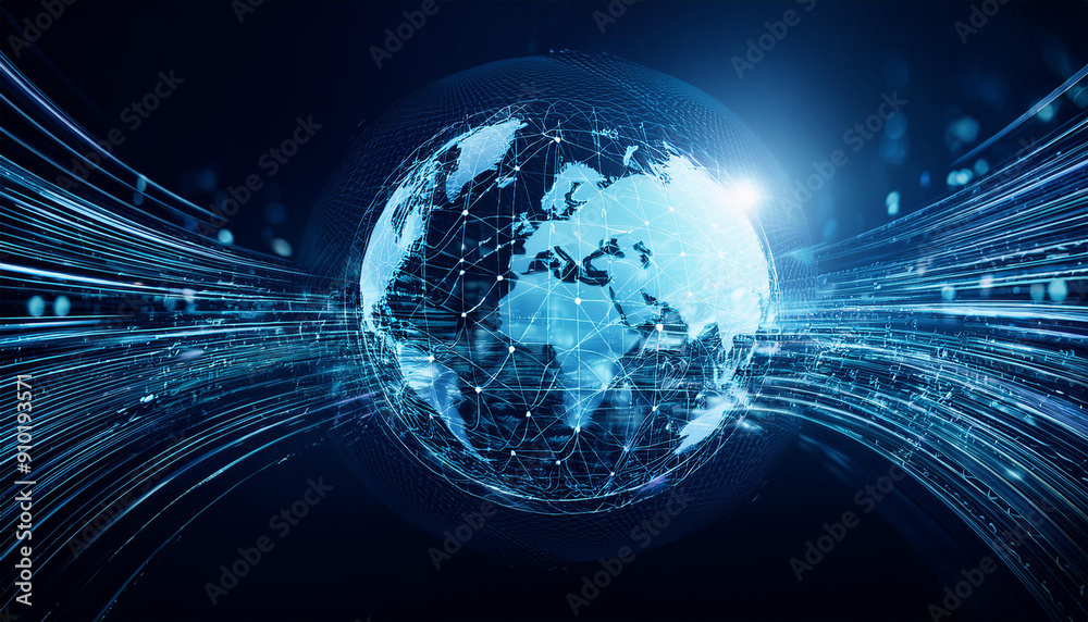 Obraz premium Abstract blue background, abstract technology background of high speed global data transfer, ultra fast broadband and connection, digital cyber tech motion