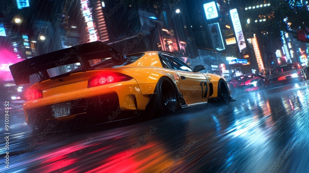 A modified yellow car speeds through a vibrant city at night, reflecting colorful neon lights on the rain-soaked pavement. A modified yellow car speeds through a vibrant city at night, reflecting colorful neon lights on the rain-soaked pavement.