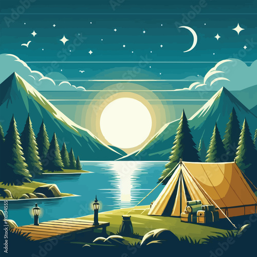 vector of camping tent on a mountain scenery