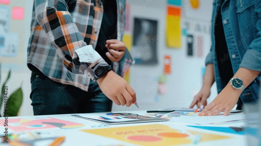 Obraz premium An art director collaborating with graphic designers to create branding materials for a new product launch.
