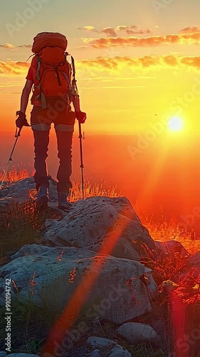 A person is standing on a rocky hillside with a backpack on. The sun is setting in the background, creating a warm and peaceful atmosphere