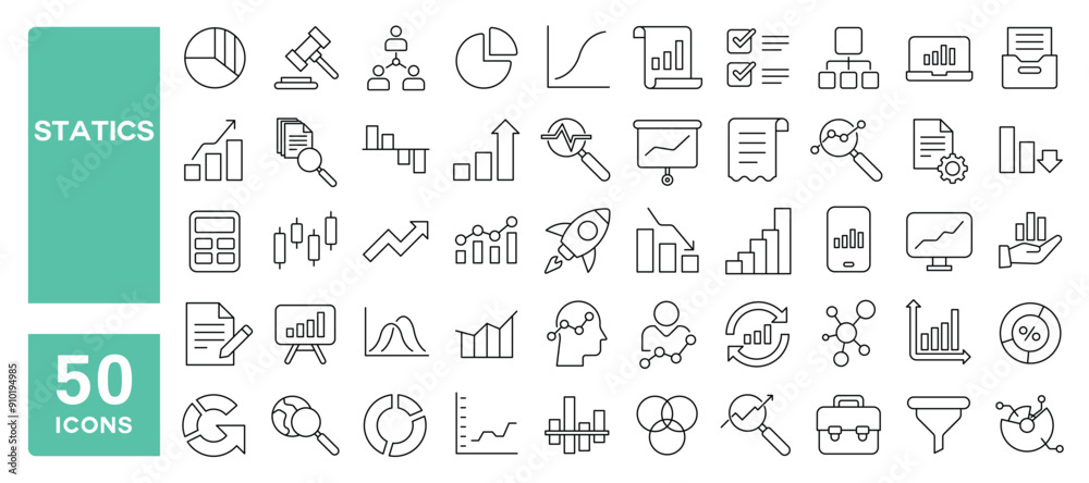 Set of 50 line icons related to statics, graph, chart, growth, data science, analytics, Editable stroke. Vector illustration