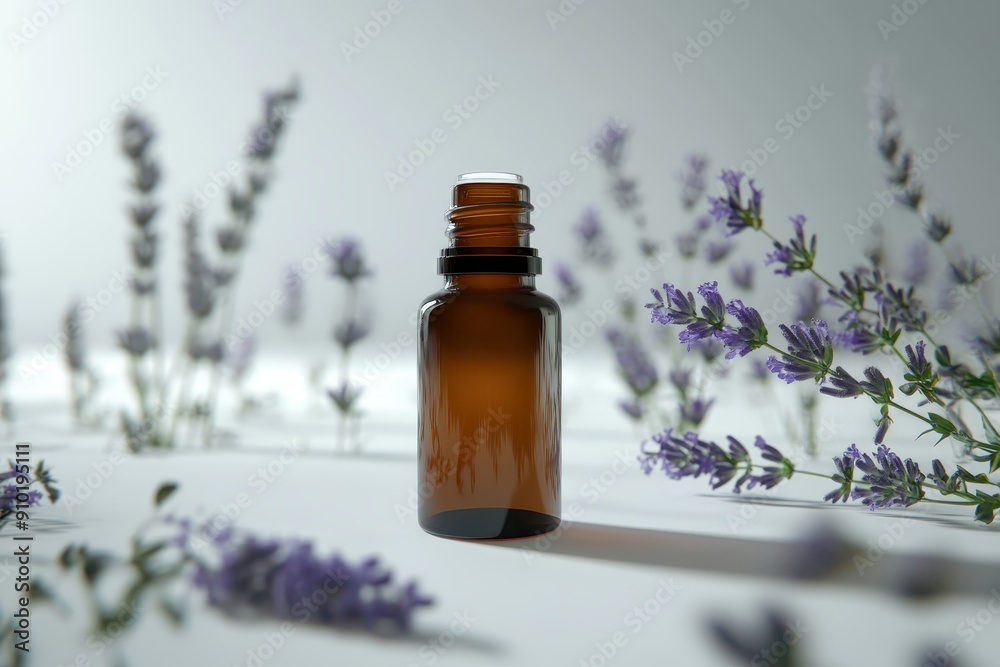 Close-up of a brown essential oil bottle surrounded by lavender flowers, ideal for aromatherapy and spa-related content. Close-up of a brown essential oil bottle surrounded by lavender flowers, ideal for aromatherapy and spa-related content.