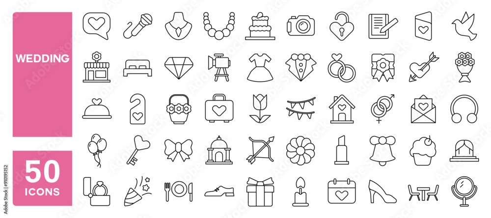 Set of 50 line icons related to wedding, marriage, love, celebration, gifts, bride, invitations, marrying, Editable stroke. Vector illustration Set of 50 line icons related to wedding, marriage, love, celebration, gifts, bride, invitations, marrying, Editable stroke. Vector illustration